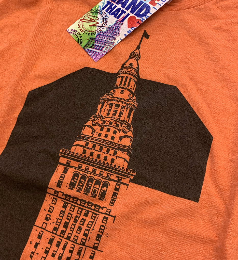 Cleveland C Terminal Tower T shirt Orange and Brown