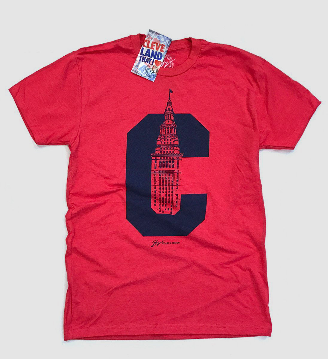 Cleveland C Terminal Tower T shirt Red and Navy