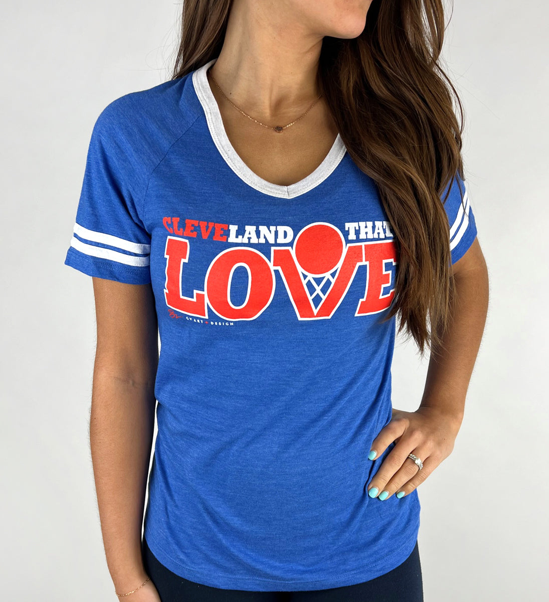 Women's Brown Cleveland Football Script V Neck