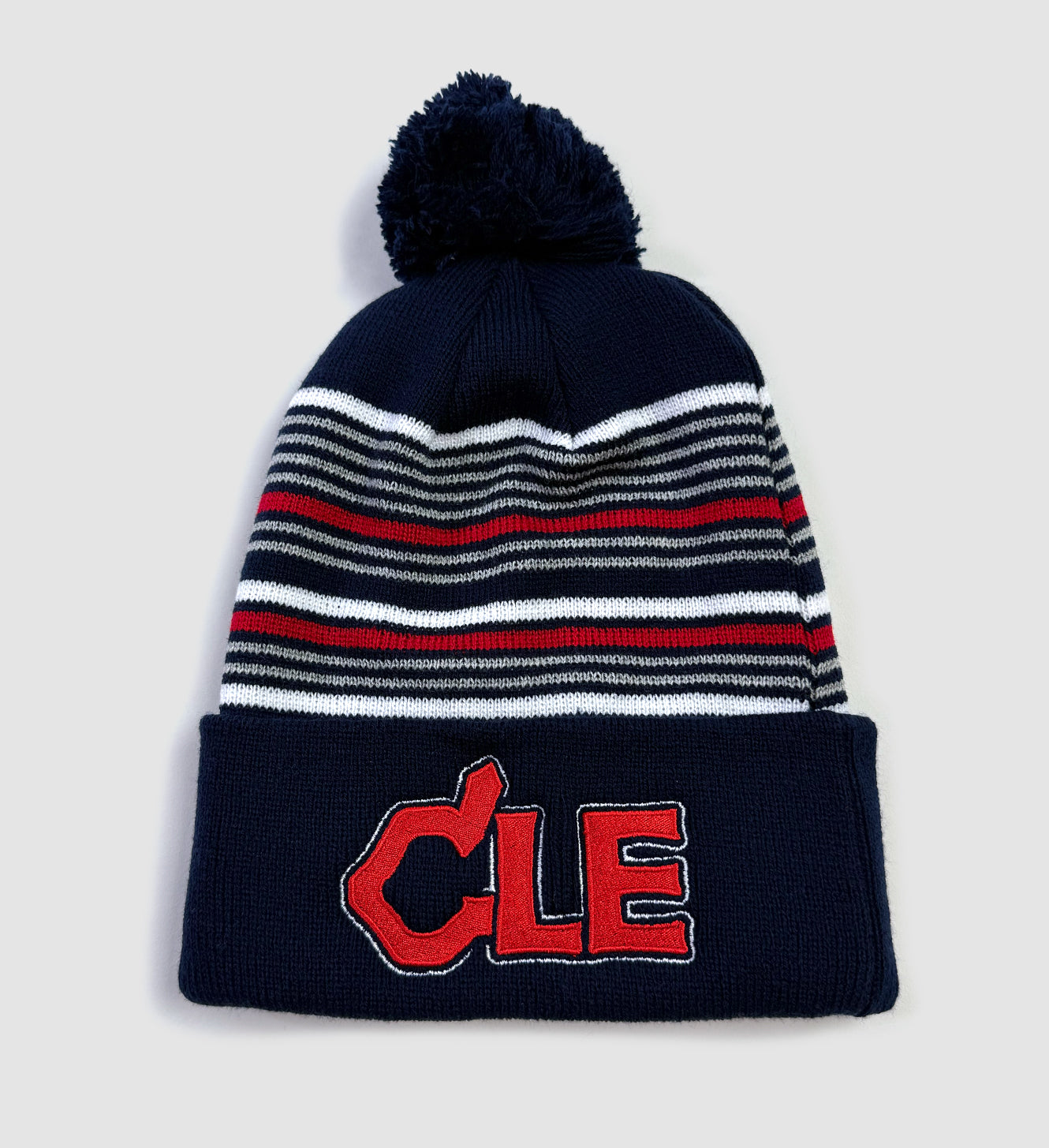 CLE Baseball Feather Striped Pom Pom Winter Hat