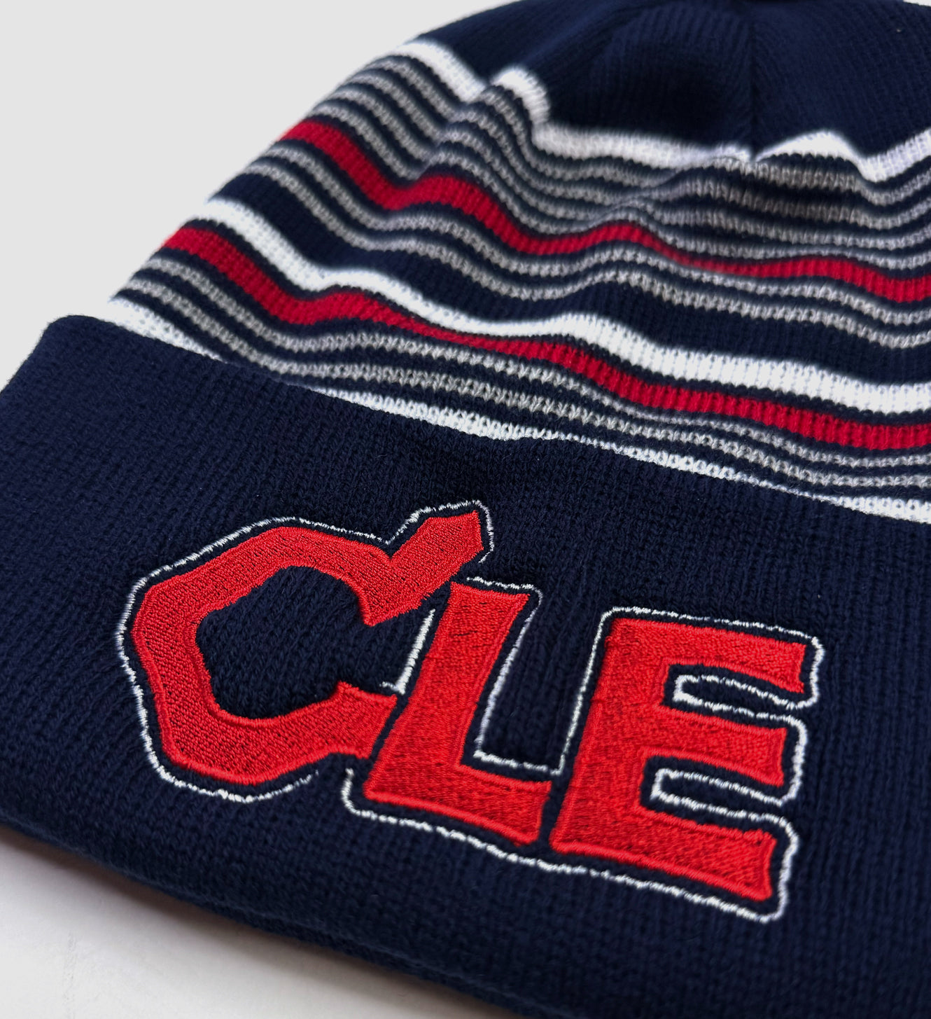CLE Baseball Feather Striped Pom Pom Winter Hat
