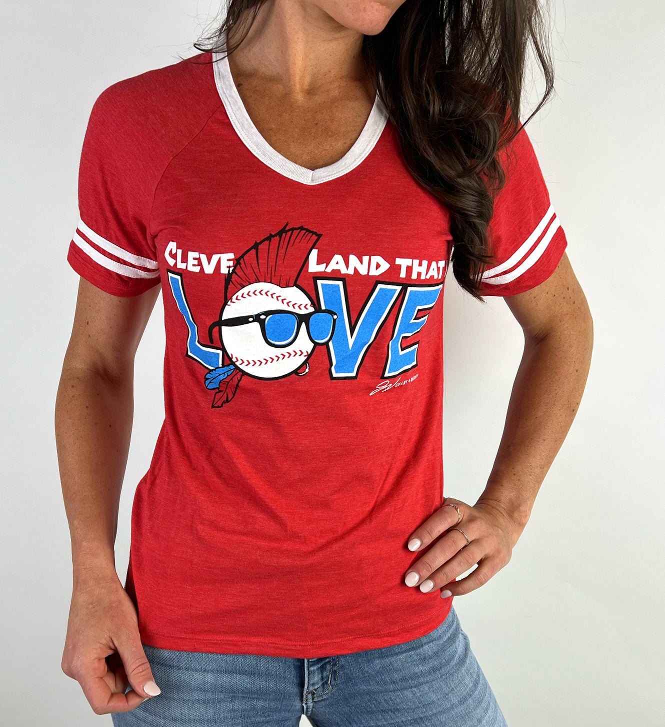 Womens Red Cleveland That I Love Baseball Edition Striped V neck