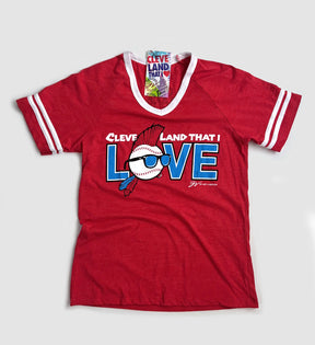 Womens Red Cleveland That I Love Baseball Edition Striped V neck