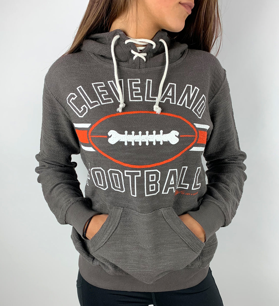 Womens Cleveland Football Stripes Lace Up Hooded Sweatshirt