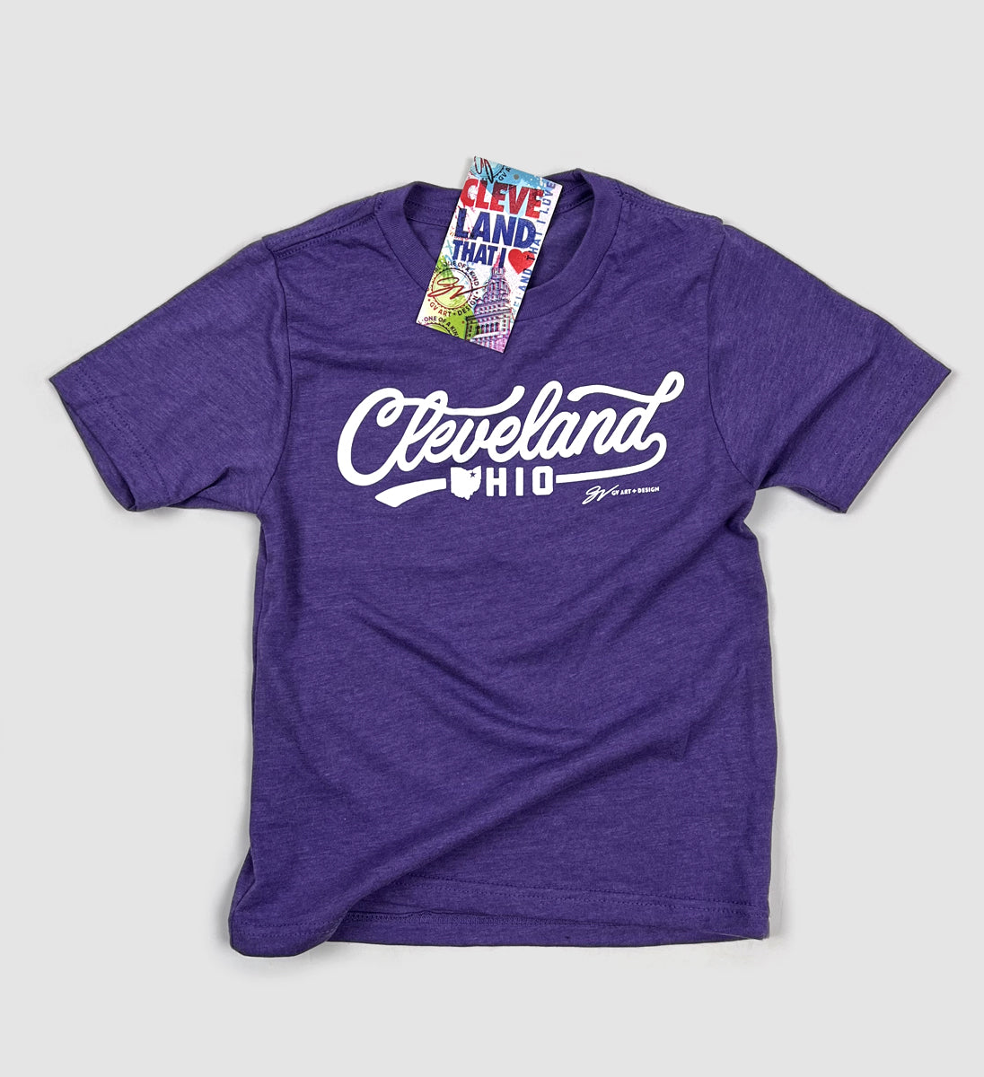 Kids Purple Cleveland Script Short Sleeved Shirt