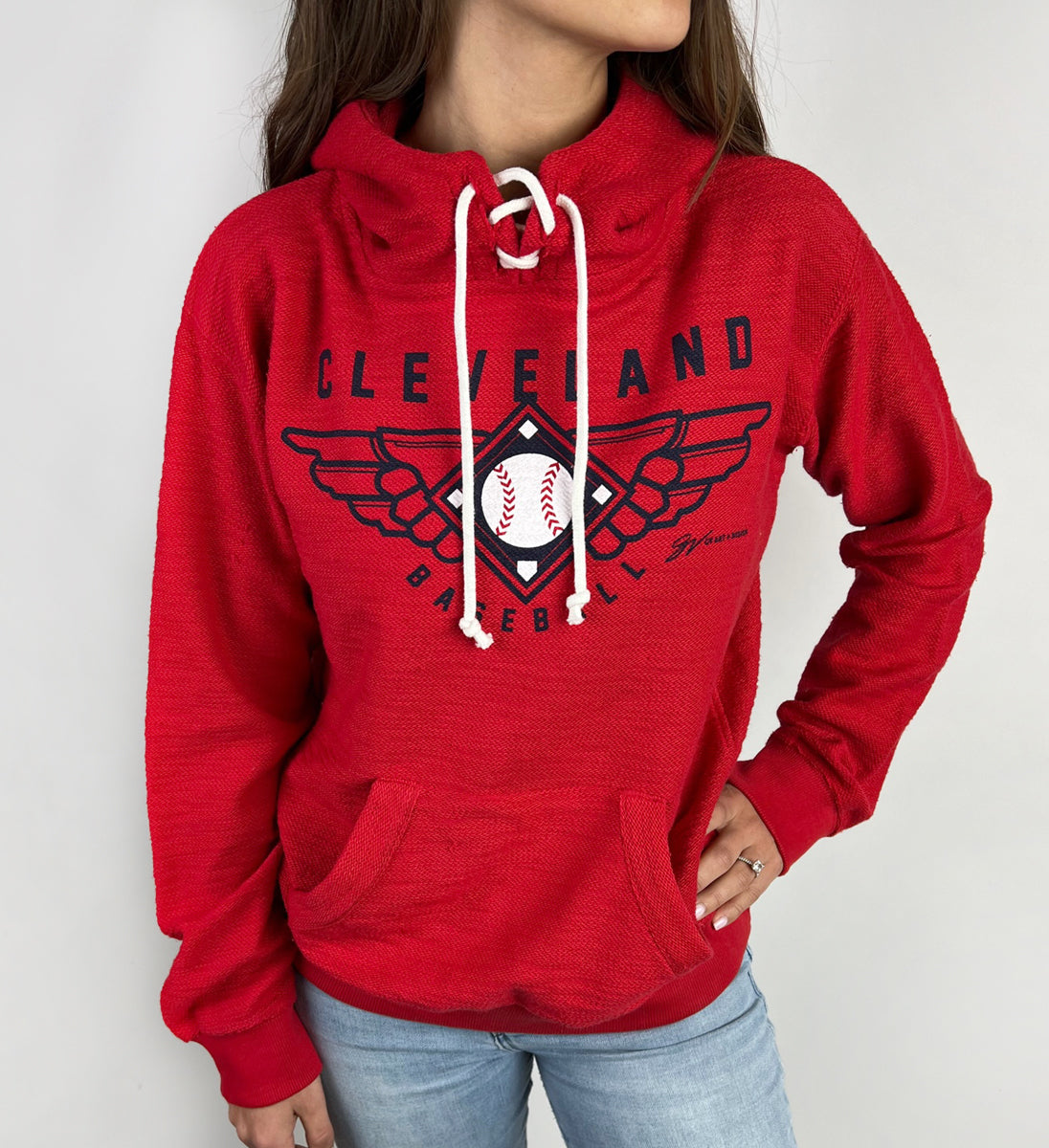 Womens Red Cleveland Baseball Lace Up Hooded Sweatshirt