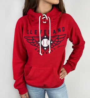 Womens Red Cleveland Baseball Lace Up Hooded Sweatshirt