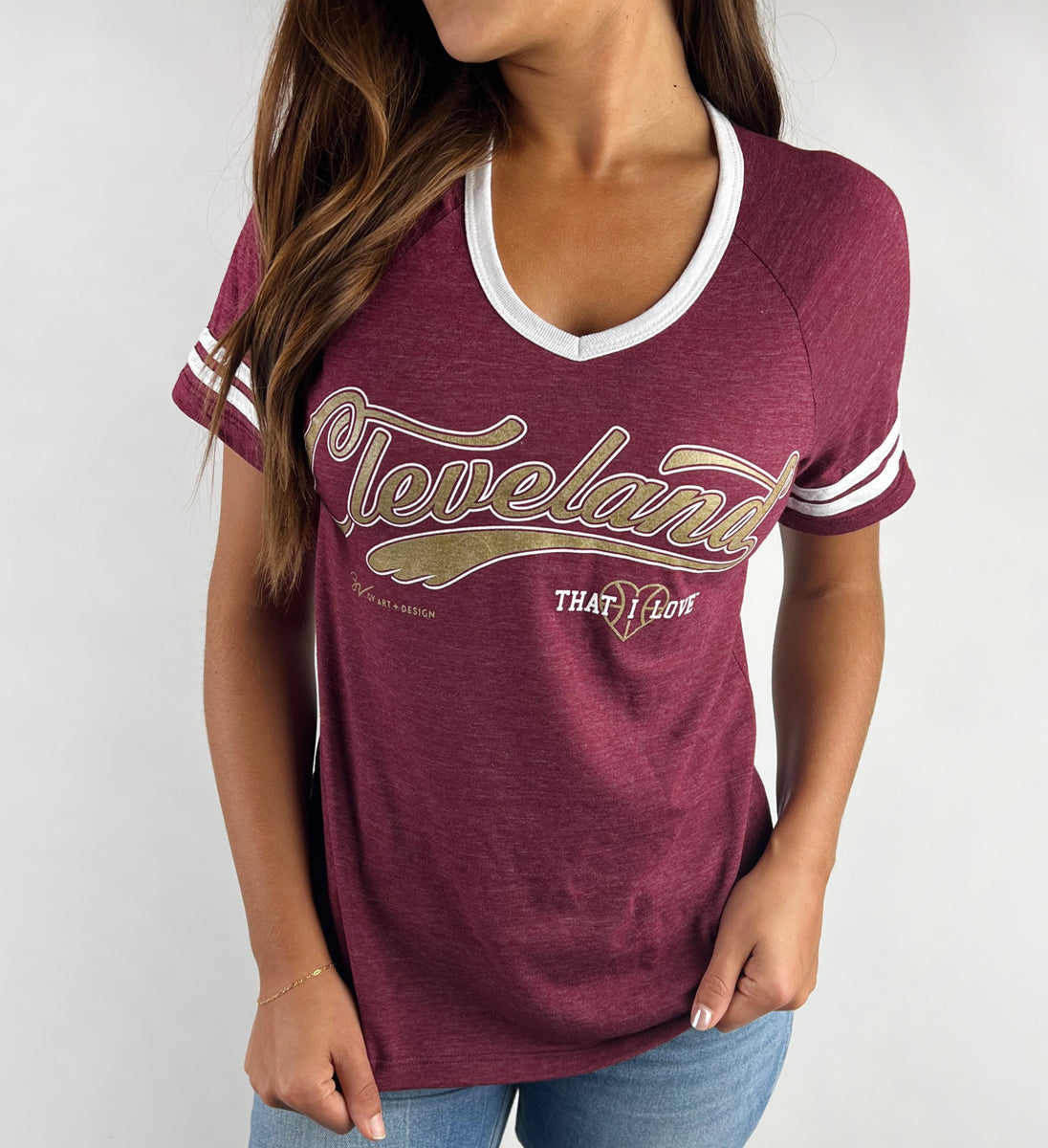 Womens Cleveland Basketball Script V neck Shirt