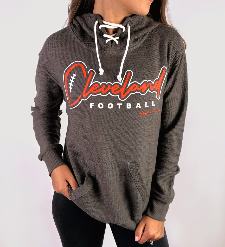 Womens Cleveland Football Script Lace Up Hooded Sweatshirt