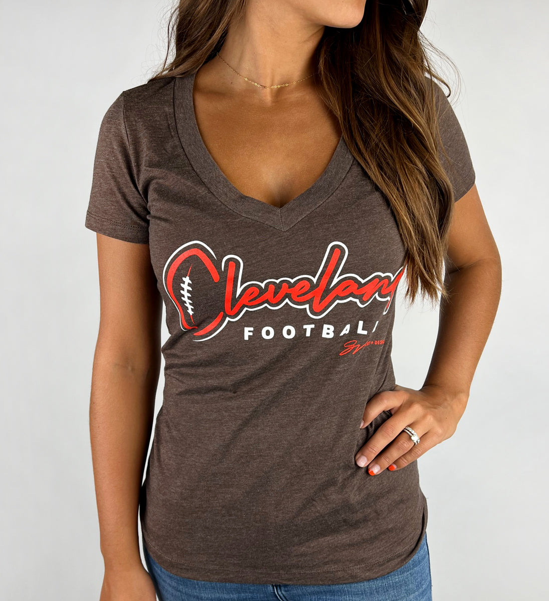 Women's Brown Cleveland Football Script V Neck