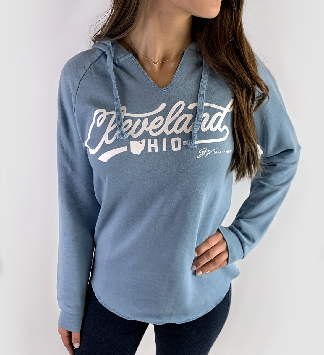 Women's Blue Cleveland Script Icons Hooded Sweatshirt